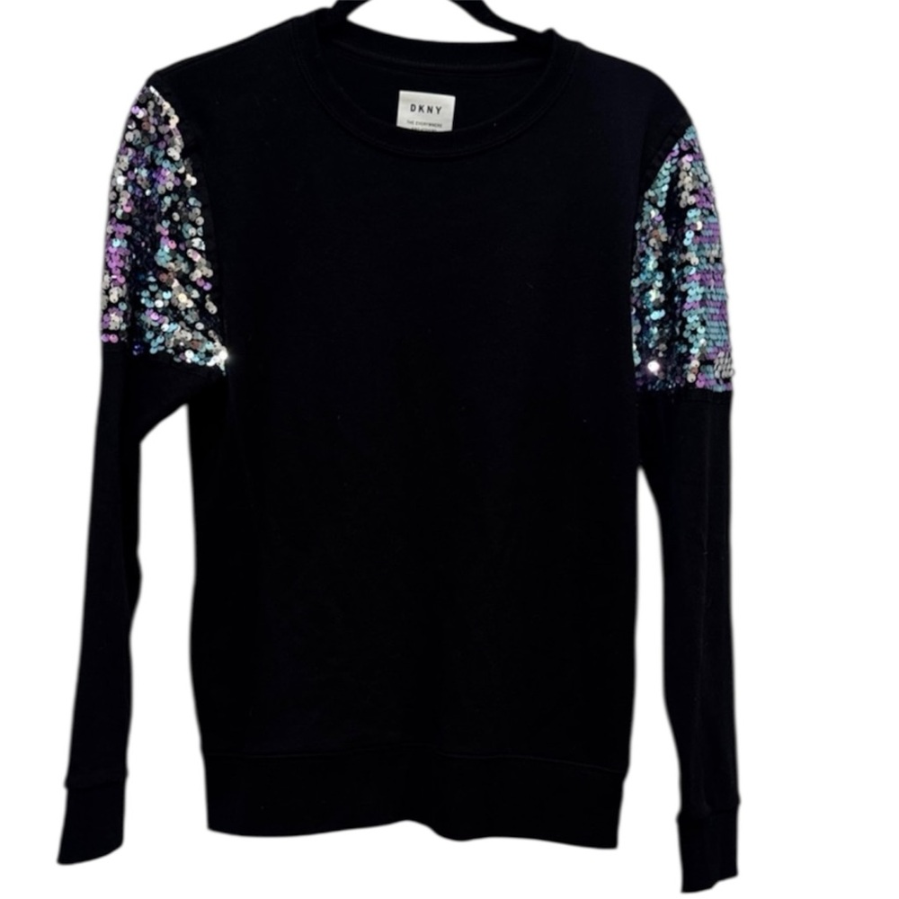 DKNY Black Everywhere Sweatshirt with Sequin Shoulders Size Small